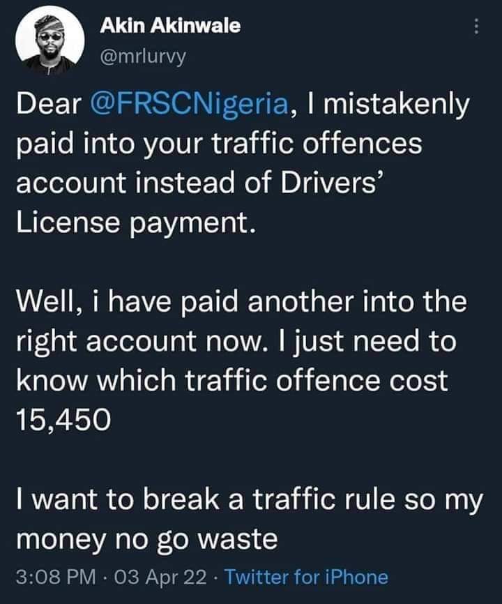 An angry but comit Nigerian has described his recent experience with FRSC