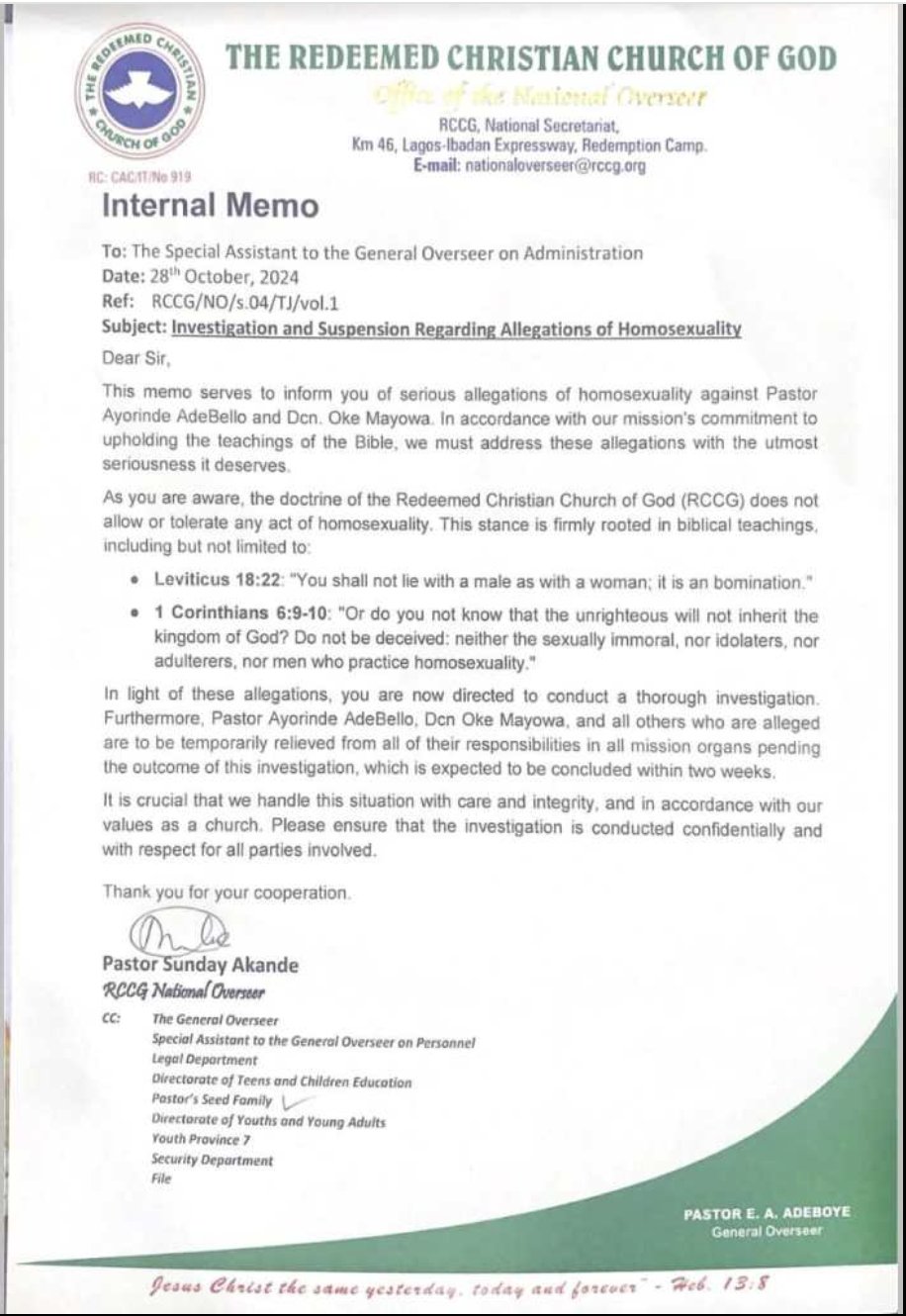 Two Pastors suspended by RCCG over homosexuality allegation.